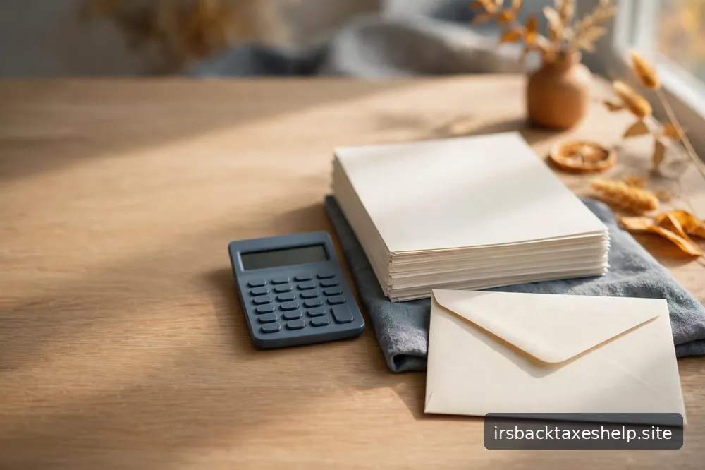 A calm, sunlit desk scene with a blank envelope and an orderly stack of papers beside a simple calculator