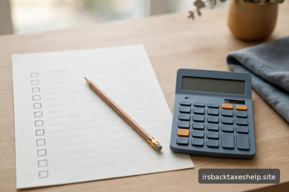 A tidy checklist on a desk next to a calculator in soft daylight, suggesting an organized plan