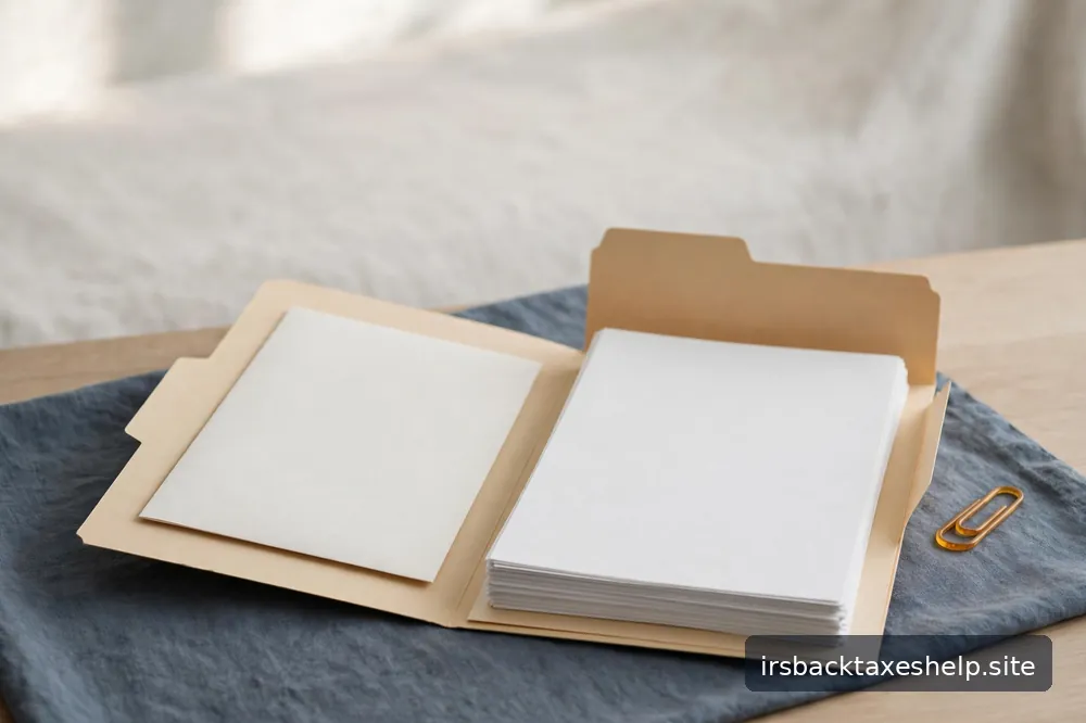 An orderly folder with a blank envelope and neatly stacked papers on a calm, sunlit desk