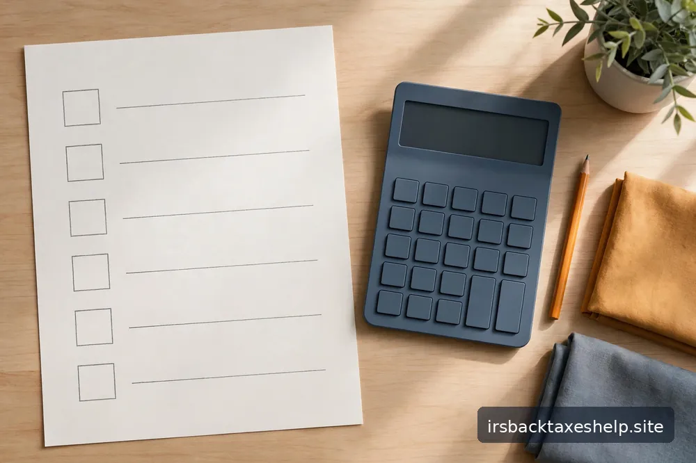 A simple checklist beside a calculator on a tidy desk in soft daylight, suggesting steady progress