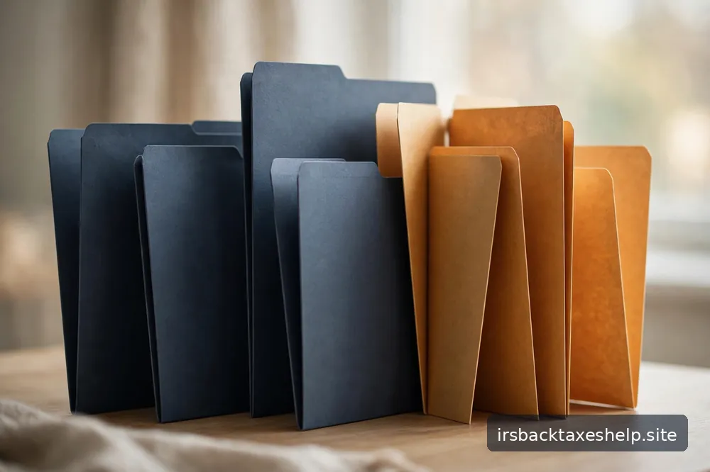 An abstract arrangement of document folders on a calm desk in soft daylight, suggesting organized paperwork