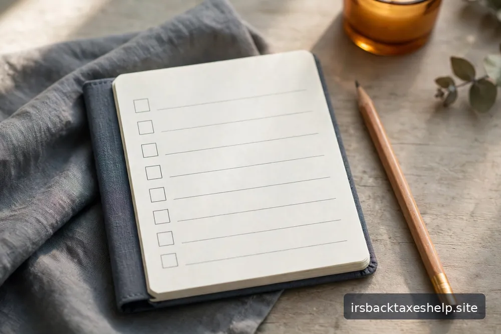 A calm, minimal desk scene with a notebook checklist and a pencil in natural light