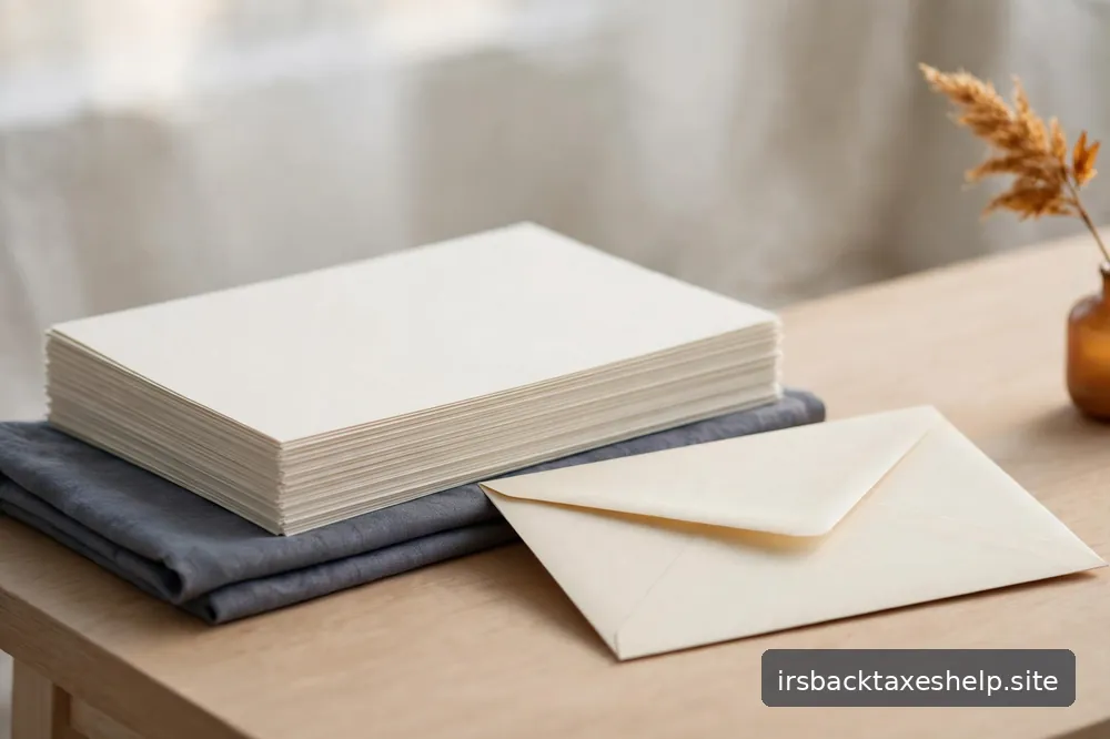 A blank envelope resting on a tidy desk beside an orderly stack of papers in soft daylight