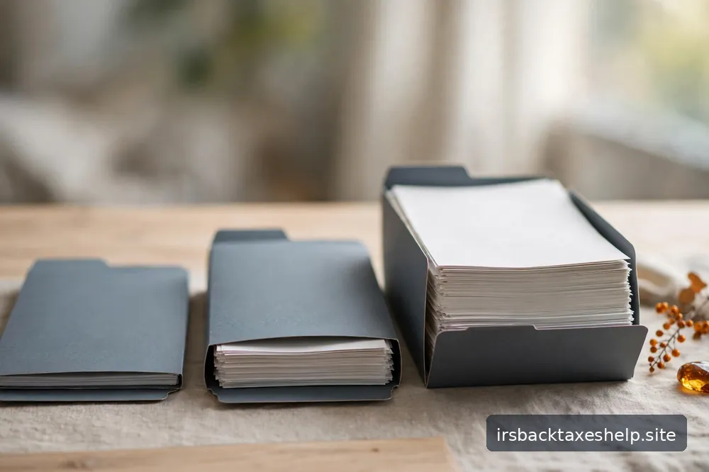 An orderly stack of document folders on a calm desk in soft daylight, suggesting an escalating paper trail