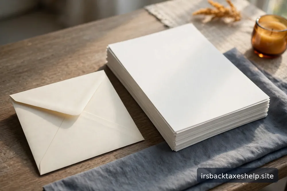 A blank envelope beside an orderly stack of papers on a calm, sunlit desk