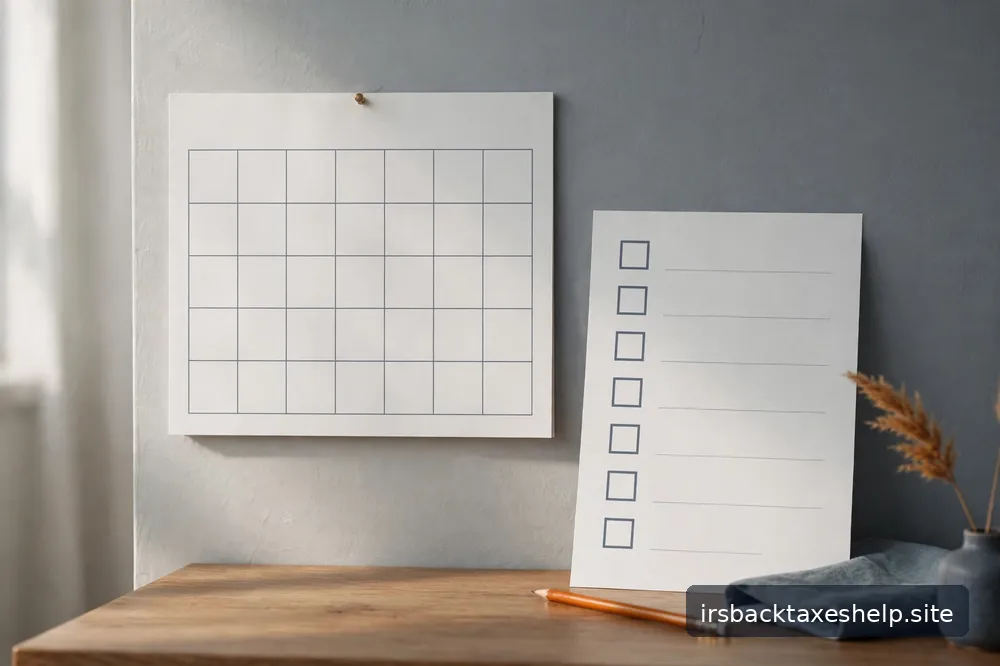 A simple wall calendar motif beside a tidy checklist on a calm desk in soft daylight
