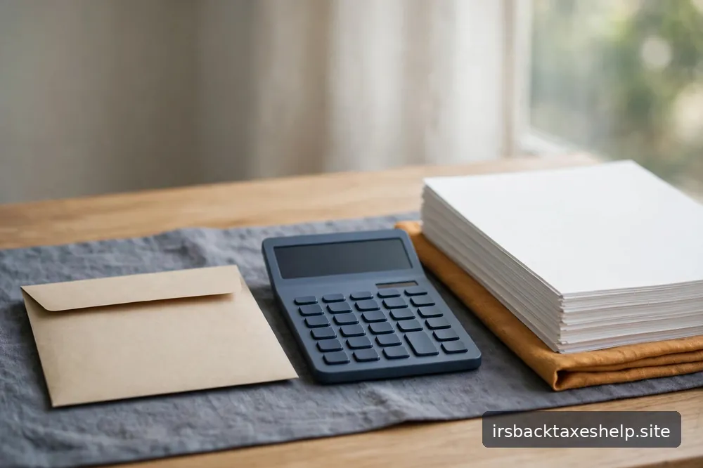 A plain sealed envelope resting on a tidy desk next to a calculator and an organized stack of documents in calm daylight