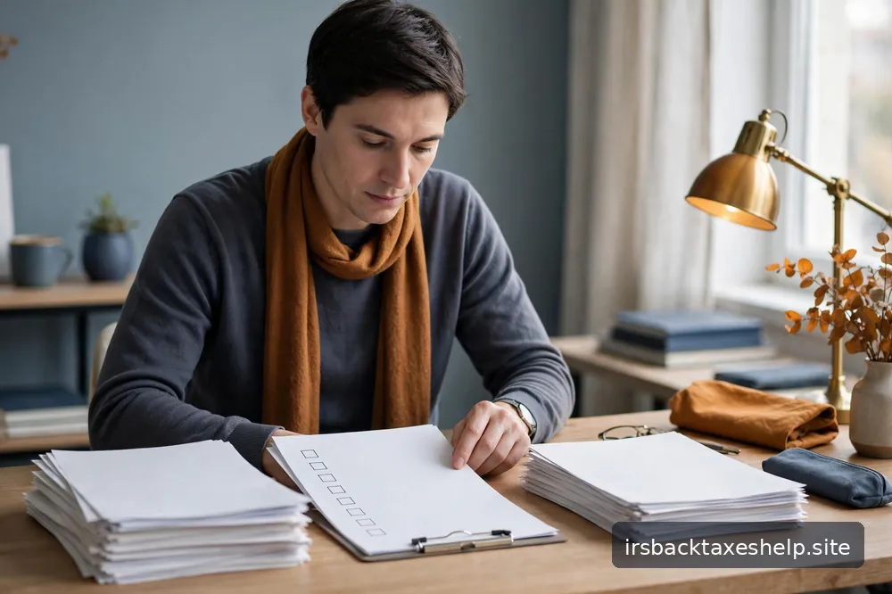 A person calmly comparing two sets of documents side by side with a simple checklist, in a bright orderly workspace
