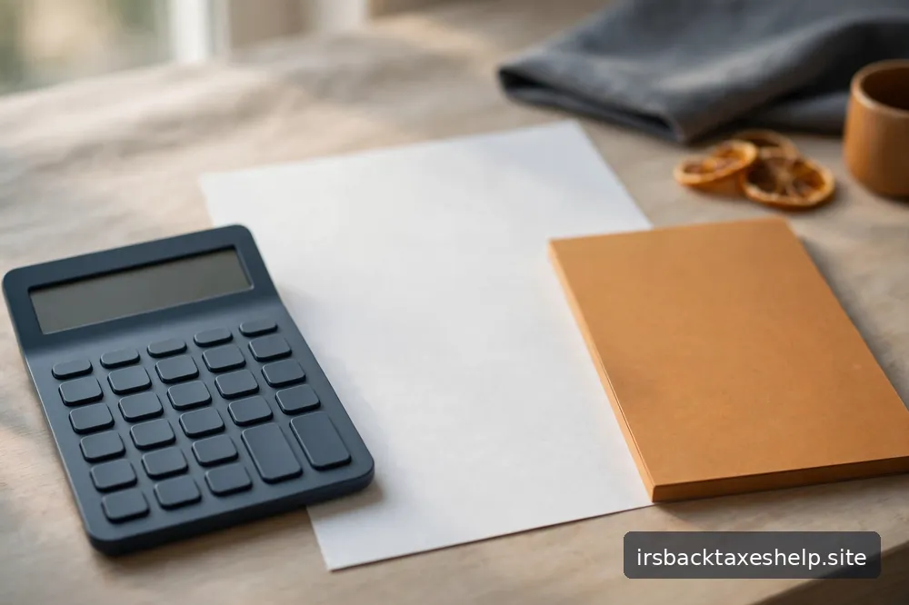 A simple calculator beside a printed tax document and a notepad on a clean desk, in calm natural light