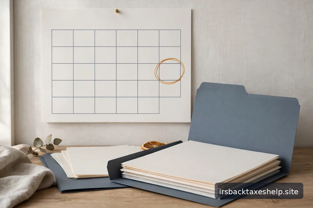 A wall calendar page with a circled tax deadline beside a neatly organized folder of tax papers