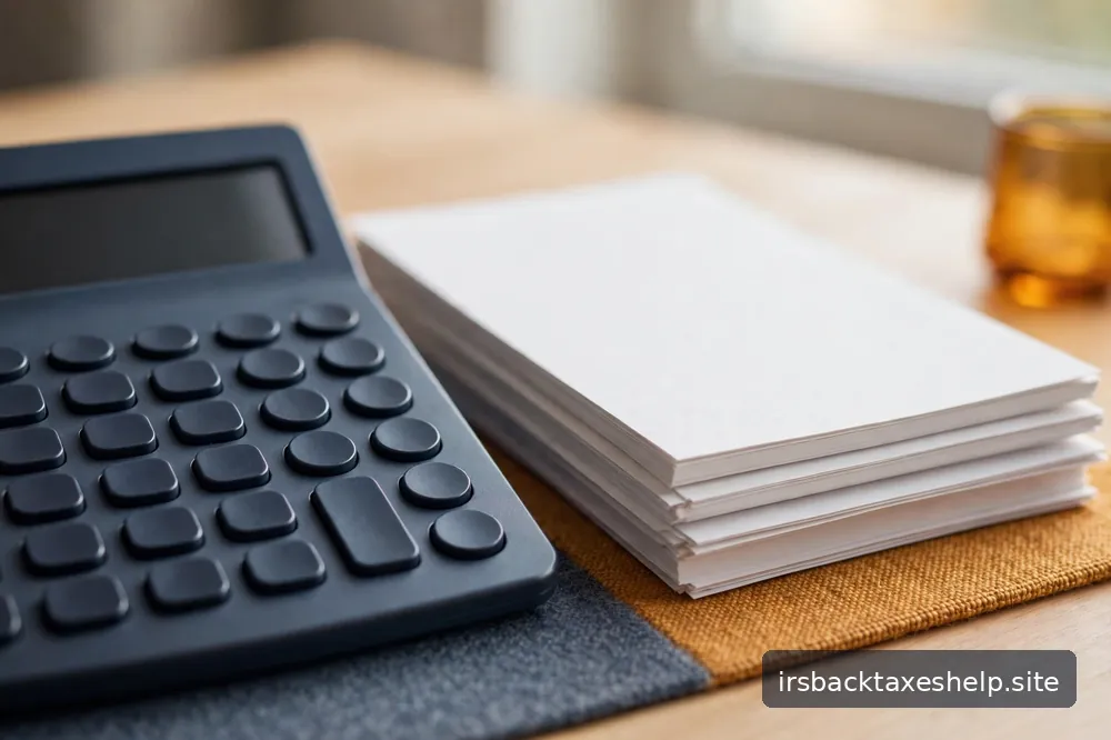 A close-up of a calculator display beside neatly stacked documents on a bright desk, suggesting steady financial calculation