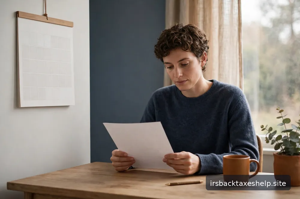 A person reviewing a simple printed statement at a tidy desk with a calendar nearby, in soft daylight