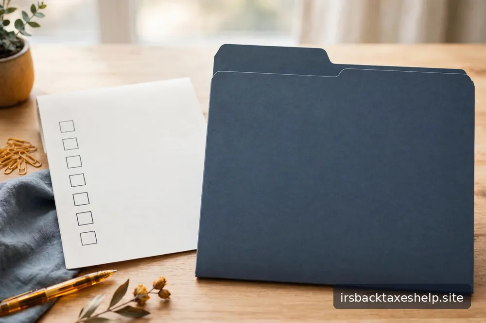 A clean organized file folder labeled for tax records on a bright desk beside a simple checklist