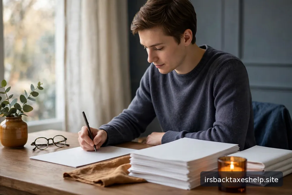 A person writing a formal letter at a calm well-lit desk, with supporting documents neatly arranged nearby