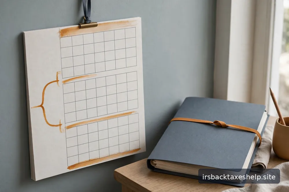 A wall calendar with a marked ten-year span beside a neatly kept folder of tax records in soft daylight