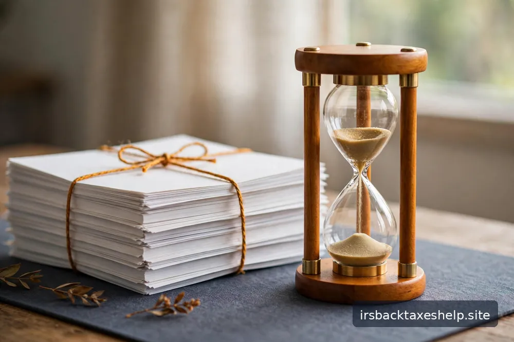 An hourglass beside an orderly stack of documents on a calm desk, suggesting the passage of time
