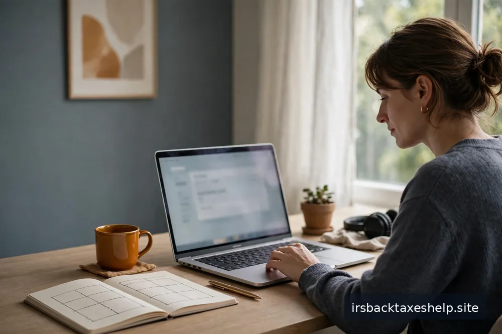 A person setting up monthly payments on a laptop at a tidy desk, with a notebook showing a simple budget outline