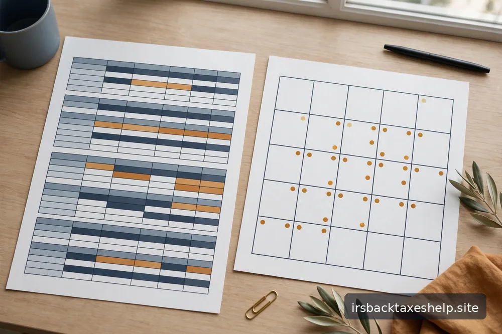 A printed payment schedule beside a calendar with marked monthly dates, on a clean organized desk