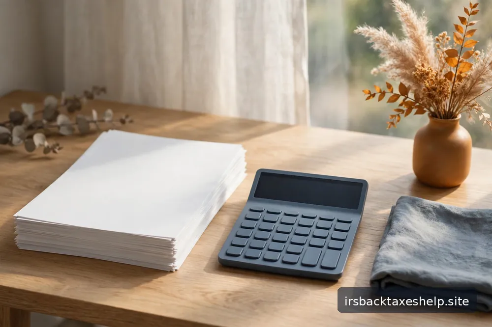 A calm, sunlit desk with a neat stack of blank paperwork and a calculator, no legible text