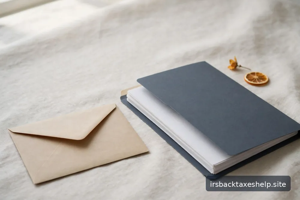 A blank envelope resting beside an orderly folder of documents in soft daylight, calm and neutral