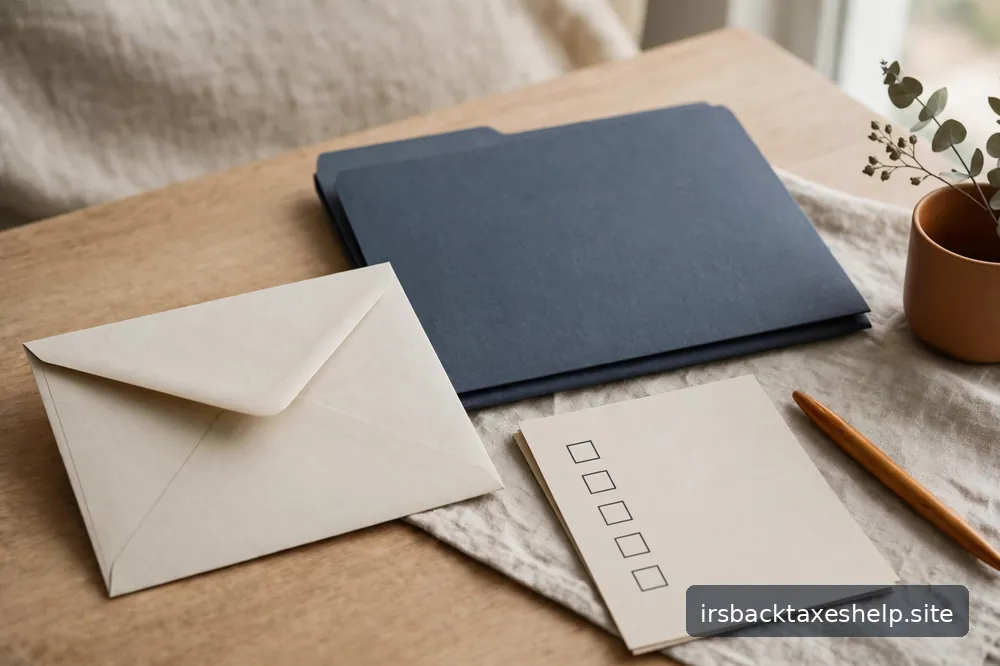 A calm desk scene with a blank envelope, an orderly folder, and a simple checklist motif in soft daylight