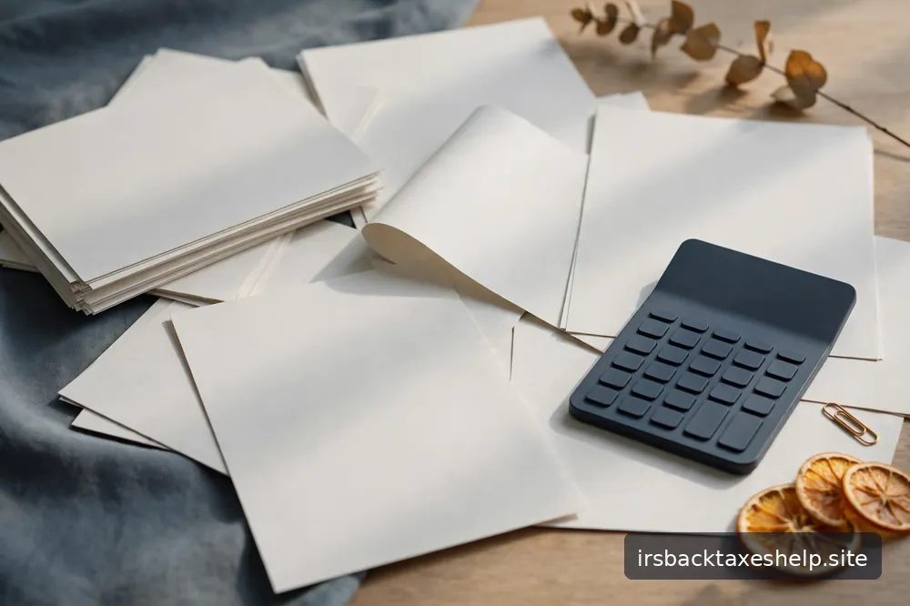 An abstract arrangement of blank documents and a calculator on a neutral desk, calm editorial style