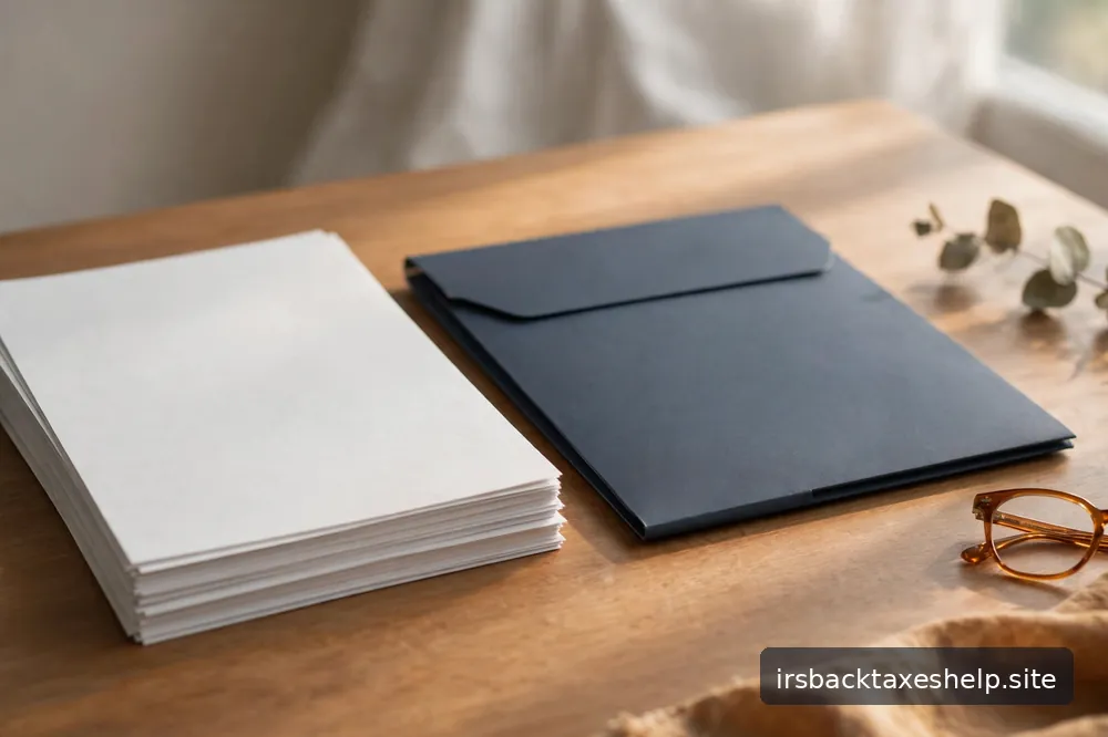 A neat stack of blank documents and a folder on a calm desk in soft daylight, no legible text