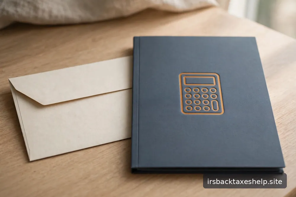 A blank envelope beside an orderly folder and a simple calculator motif, calm neutral tones