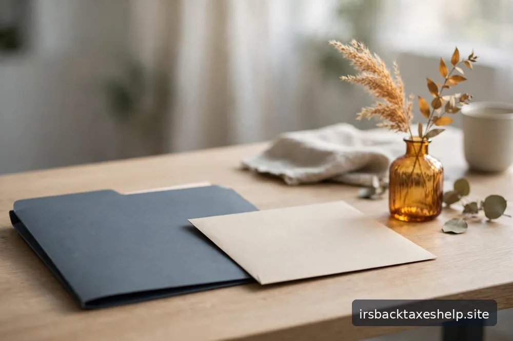 A calm office desk with a blank envelope and an orderly folder in soft daylight, no legible text