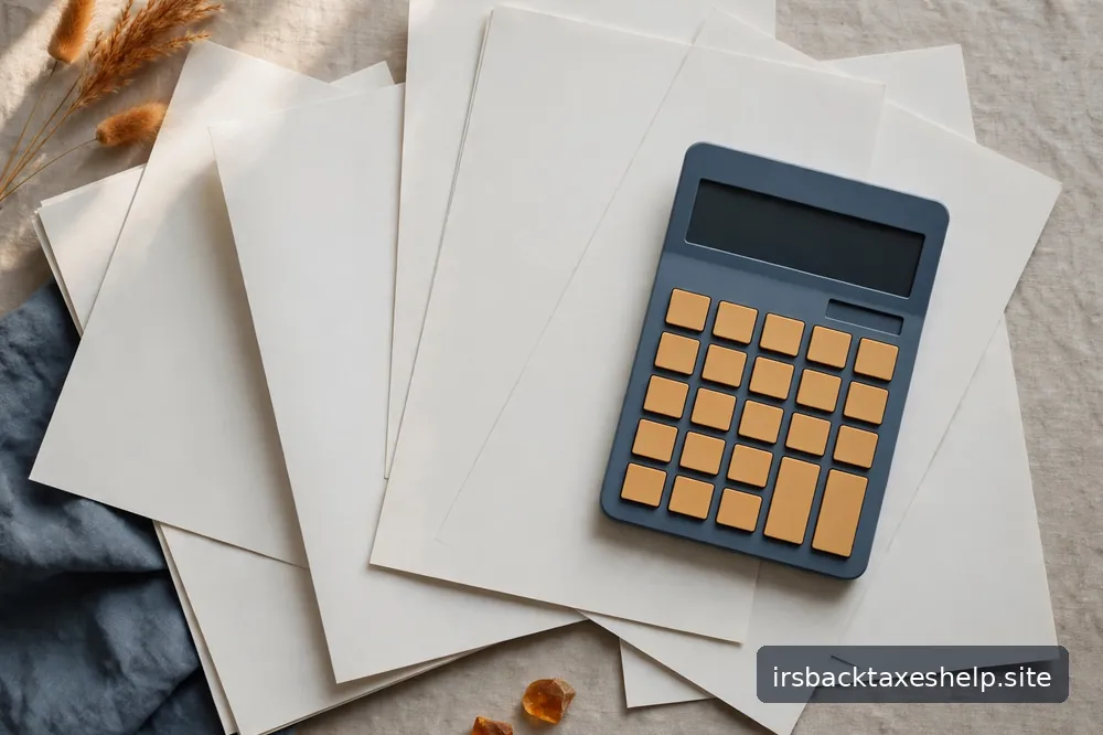 An abstract arrangement of blank documents with a calculator motif on a neutral desk, calm editorial style