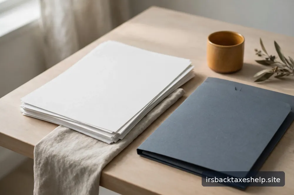 A calm abstract scene of an orderly desk with blank documents and a folder, soft daylight, no legible text
