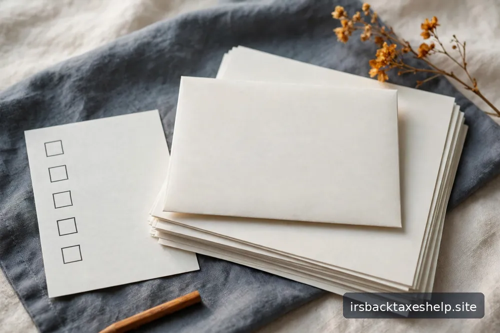 A blank envelope resting on a neat stack of papers beside a simple checklist motif, calm neutral tones