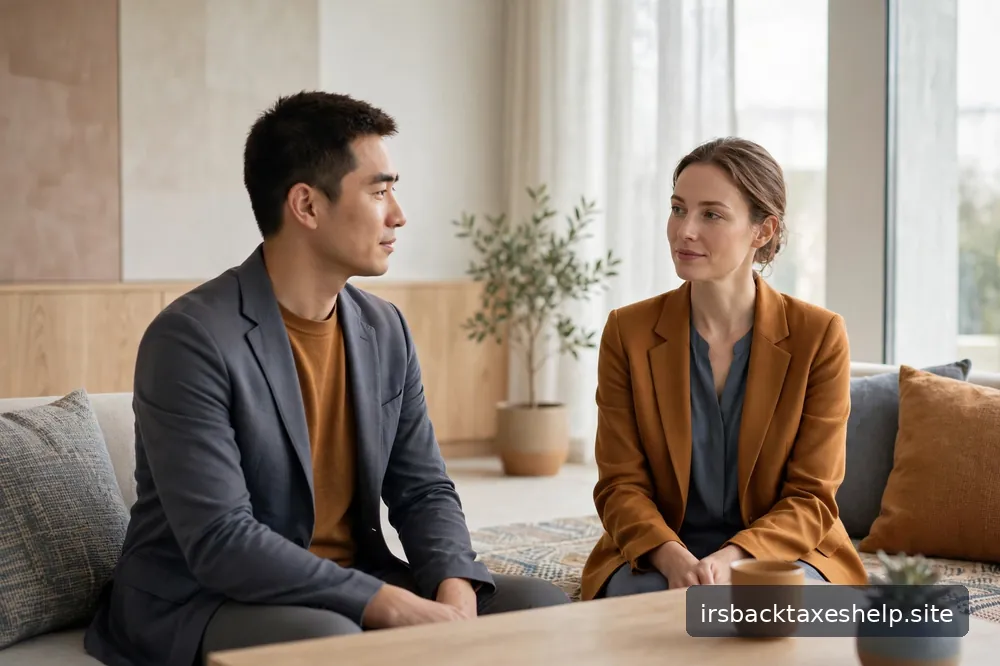A calm abstract scene of two people in a bright, neutral meeting space, composed and professional, no legible text
