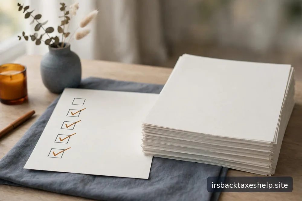 A neat stack of blank paperwork beside a simple checklist motif on a calm desk, soft daylight