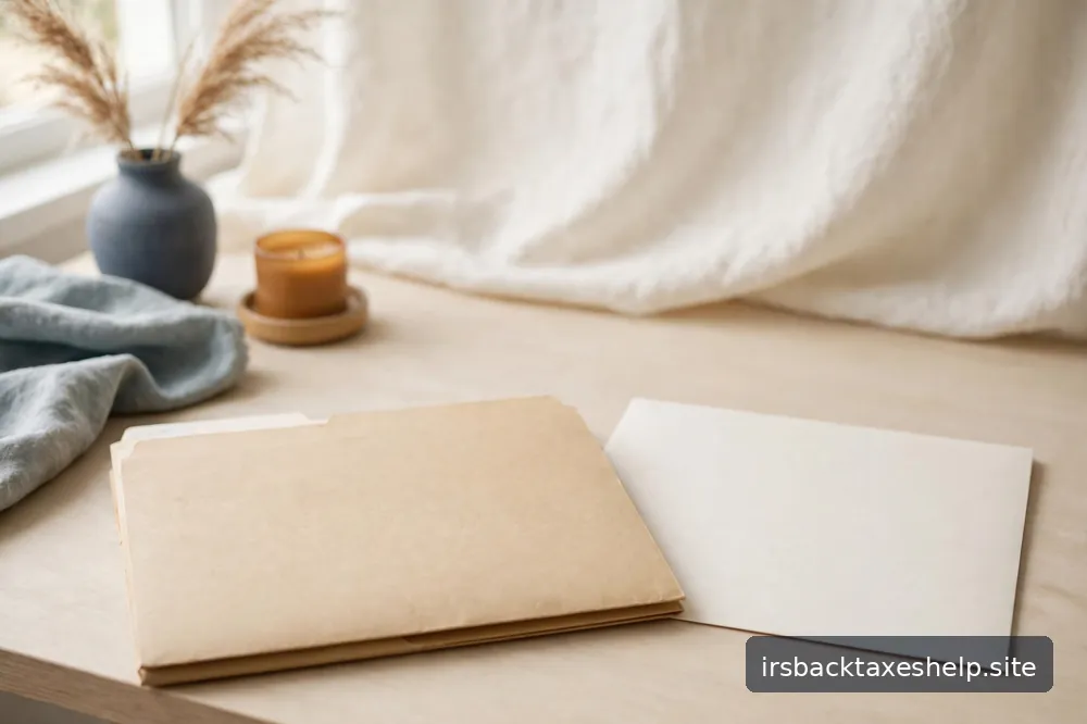 A calm, orderly desk with a closed folder and a blank envelope in soft daylight
