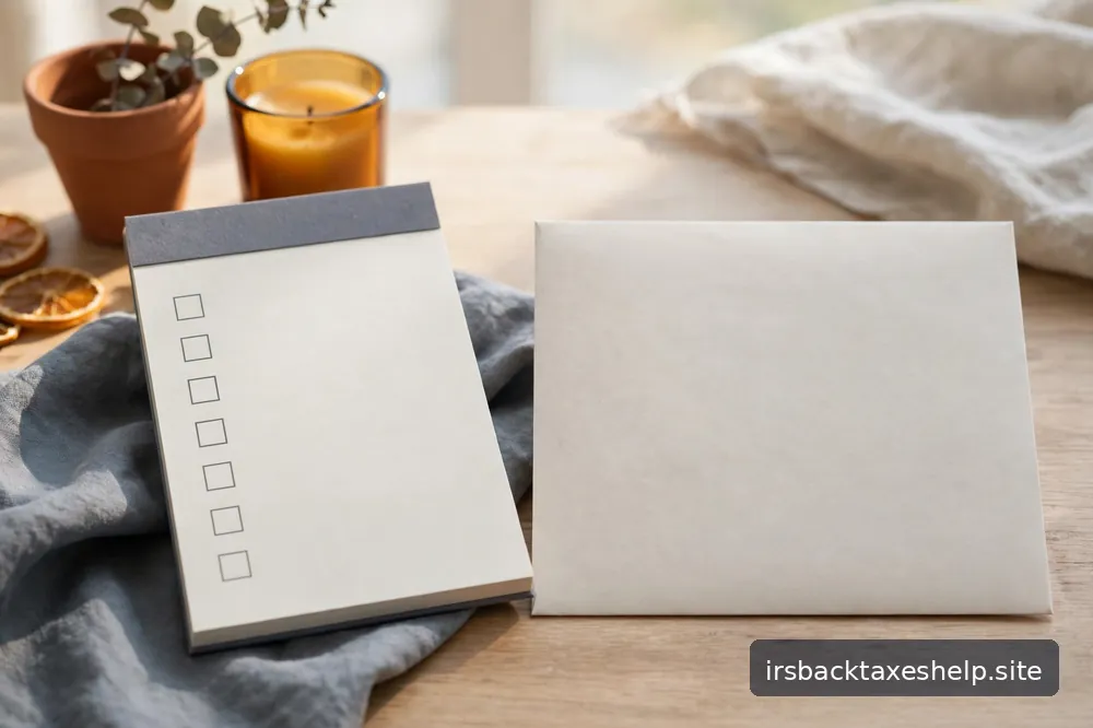 A blank envelope and an orderly checklist on a bright desk — the January reset