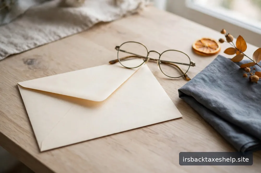 A blank envelope beside reading glasses on a calm desk — read before reacting