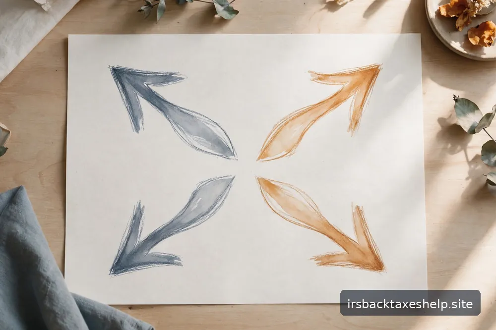 A simple four-path diagram concept: calm abstract arrows on paper