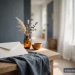 Calm mailbox-and-desk scene with a blank envelope in gentle daylight.