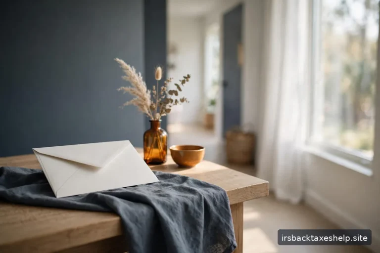 Calm mailbox-and-desk scene with a blank envelope in gentle daylight.