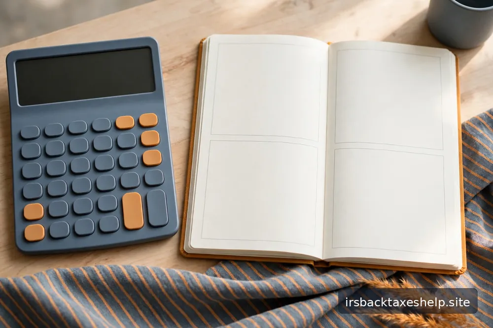 A calm workspace with a calculator and quarterly planner — paying as you go
